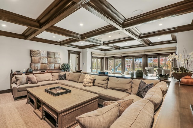 living room with beam ceiling, coffered ceiling, and ornamental molding