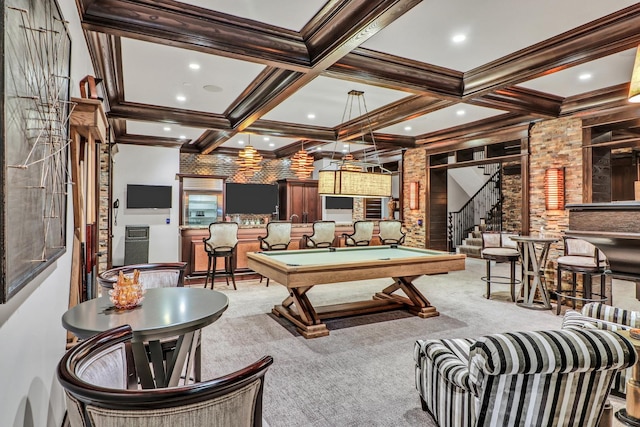 rec room featuring carpet, indoor bar, beam ceiling, coffered ceiling, and billiards