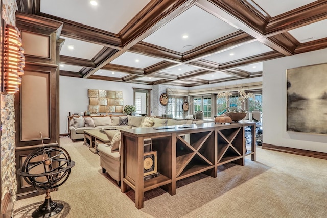 interior space featuring beamed ceiling, coffered ceiling, light colored carpet, and crown molding