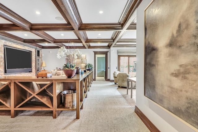 bar featuring beamed ceiling, ornamental molding, coffered ceiling, recessed lighting, and carpet flooring