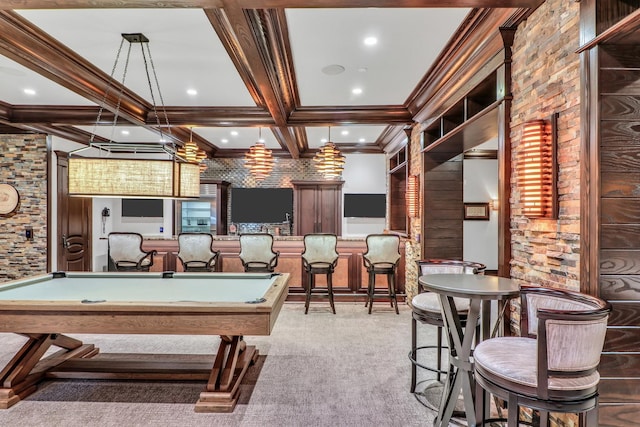 recreation room featuring beamed ceiling, ornamental molding, billiards, coffered ceiling, and carpet flooring