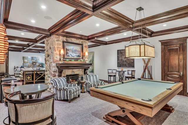 playroom featuring beam ceiling, billiards, coffered ceiling, carpet, and a stone fireplace