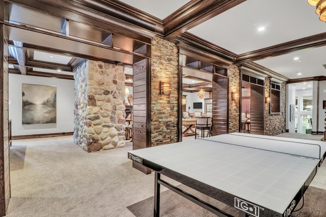 rec room featuring crown molding, carpet flooring, and recessed lighting