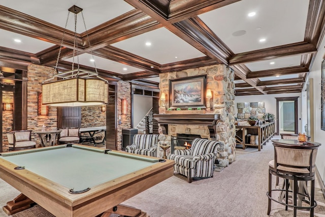 rec room featuring beam ceiling, coffered ceiling, pool table, a fireplace, and carpet flooring