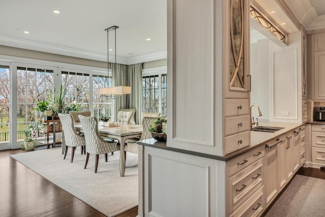 interior space featuring dark wood-style floors, decorative backsplash, crown molding, and a sink