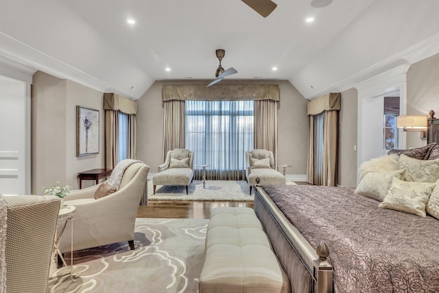 bedroom with recessed lighting, wood finished floors, ceiling fan, and vaulted ceiling