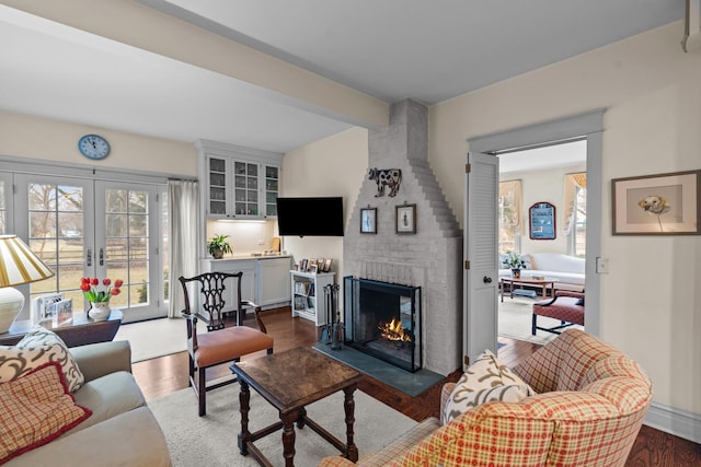 living room featuring french doors, a healthy amount of sunlight, wood finished floors, and a fireplace