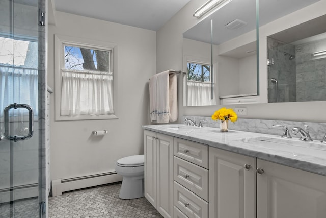 full bathroom with a sink, visible vents, baseboard heating, and a shower stall