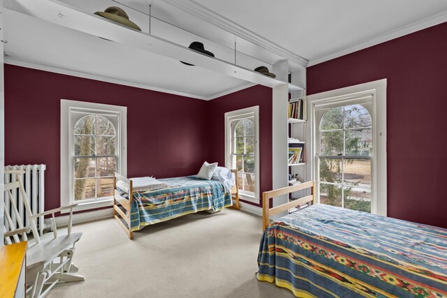 carpeted bedroom with multiple windows, radiator, and ornamental molding