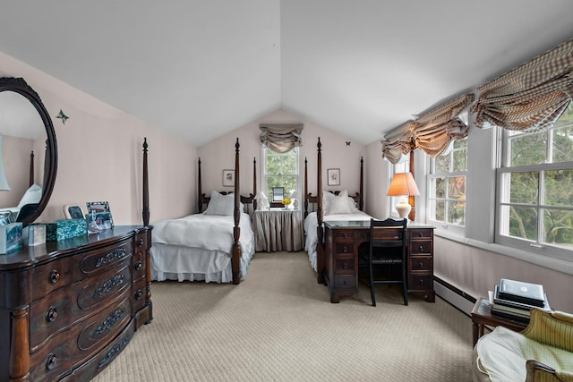 bedroom with a baseboard heating unit, light colored carpet, and vaulted ceiling