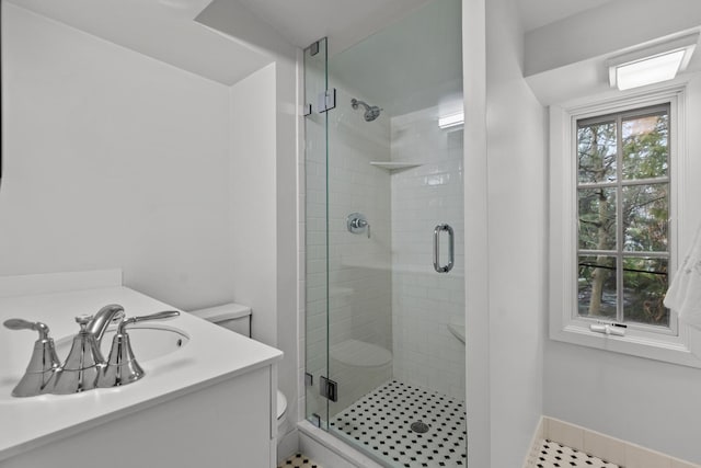 full bath featuring a stall shower, toilet, and vanity