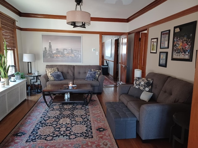 living area with wood finished floors and ornamental molding