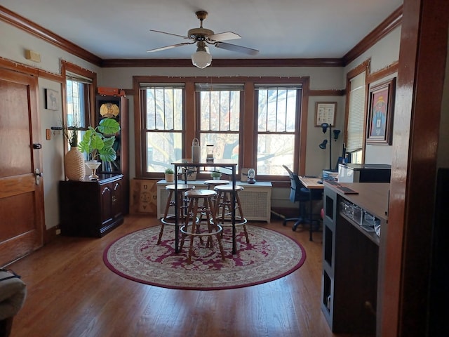 dining space featuring a ceiling fan, light wood-style floors, and ornamental molding