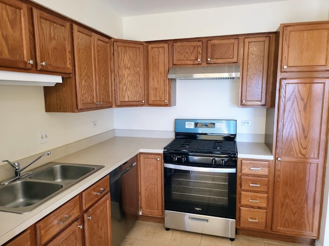 kitchen featuring stainless steel gas stove, a sink, black dishwasher, ventilation hood, and brown cabinetry