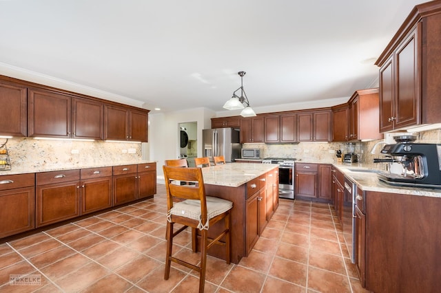 kitchen with a center island, light tile patterned floors, tasteful backsplash, and stainless steel appliances