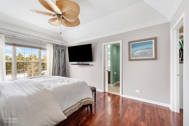 bedroom with lofted ceiling, a ceiling fan, hardwood / wood-style floors, crown molding, and baseboards