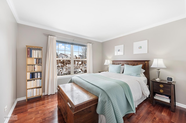 bedroom featuring baseboards, dark wood-style floors, and ornamental molding