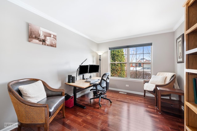 home office featuring crown molding, dark wood-style floors, baseboards, and visible vents