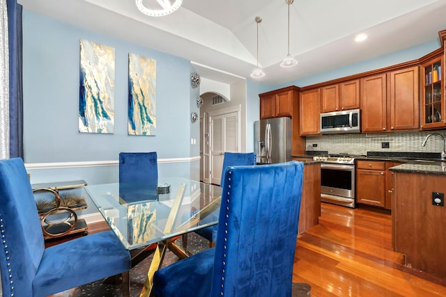 kitchen with lofted ceiling, dark wood-style flooring, a sink, appliances with stainless steel finishes, and tasteful backsplash