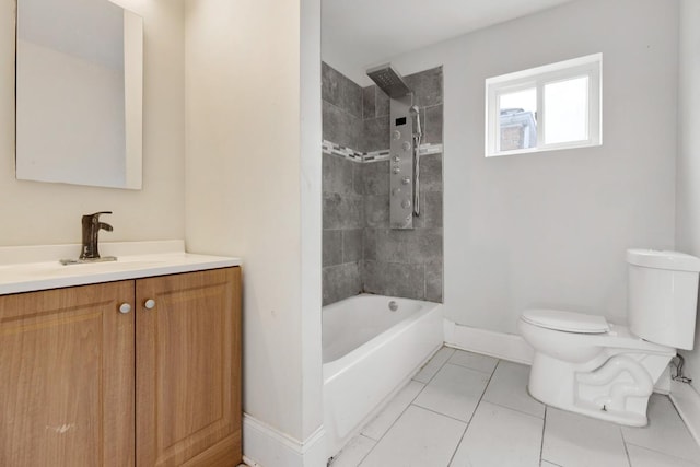 full bath with tile patterned flooring, baseboards, toilet, shower / bathtub combination, and vanity