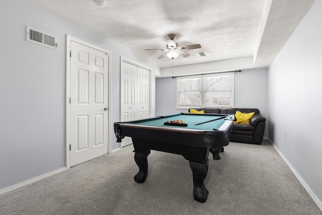 game room featuring visible vents, baseboards, billiards, and carpet