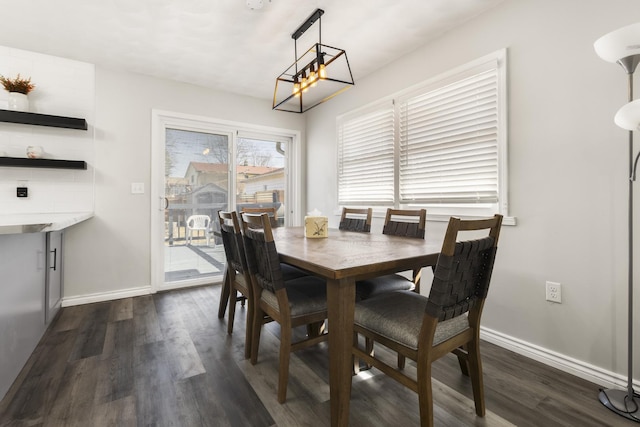 dining area with baseboards and dark wood-style floors