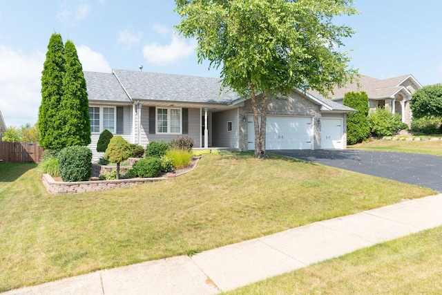 single story home featuring a front lawn, aphalt driveway, fence, a shingled roof, and a garage