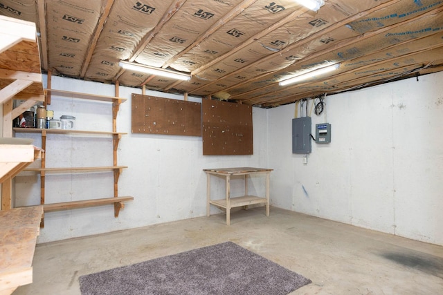 unfinished basement featuring electric panel