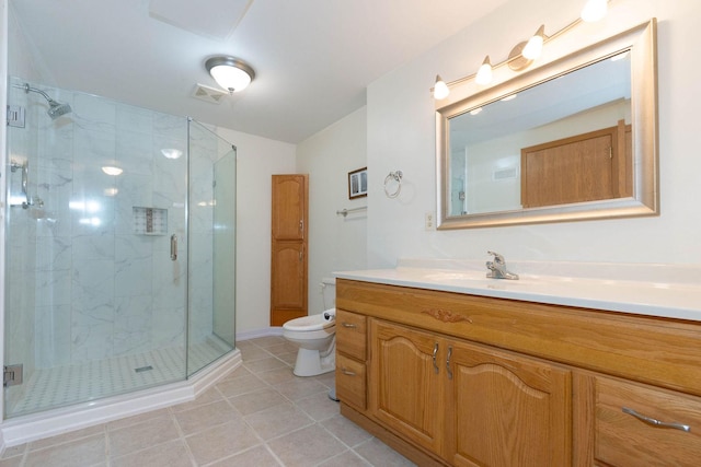 full bathroom with tile patterned flooring, visible vents, toilet, a stall shower, and vanity