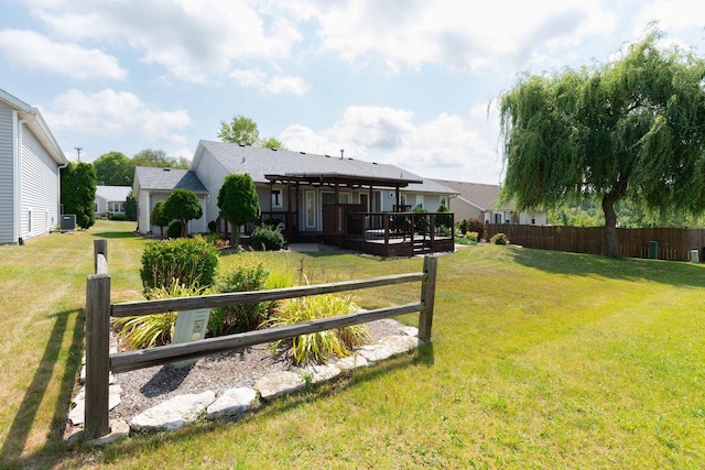 view of yard featuring a wooden deck and fence