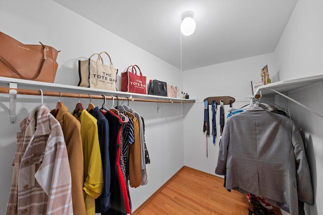 walk in closet with light wood finished floors