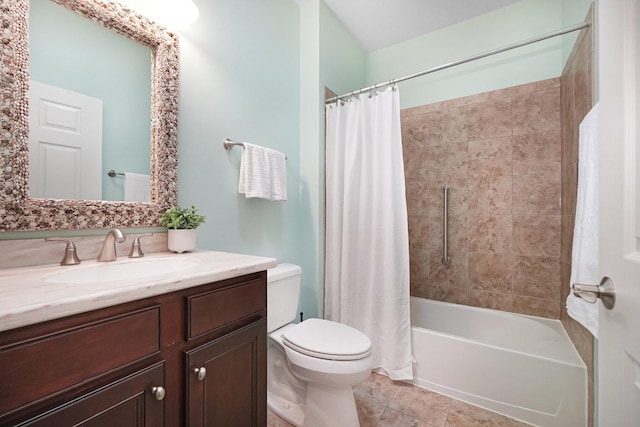 bathroom featuring tile patterned floors, shower / bath combination with curtain, toilet, and vanity