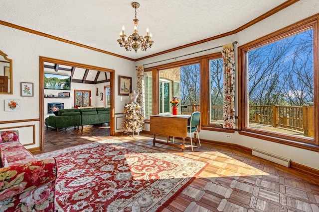 office with a wealth of natural light, visible vents, an inviting chandelier, and crown molding