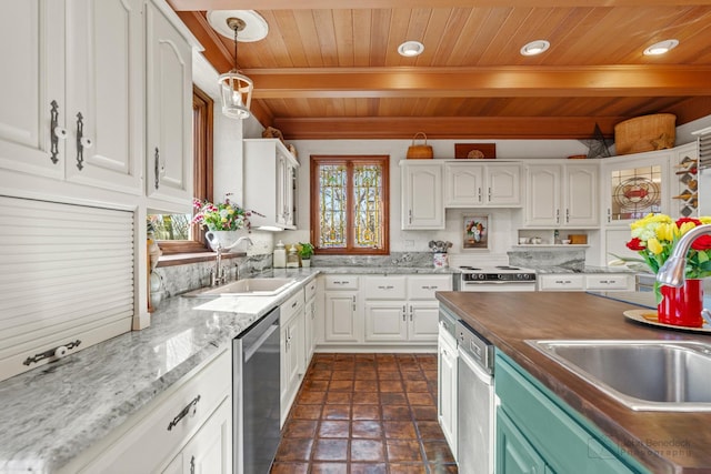 kitchen with a sink, stainless steel dishwasher, and white cabinets