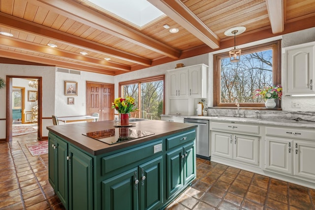 kitchen featuring white cabinets, dishwasher, green cabinets, and black electric cooktop