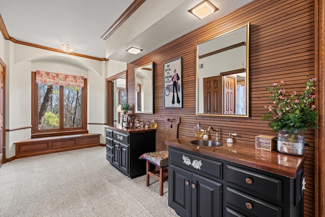 bathroom featuring carpet, wood walls, crown molding, baseboards, and vanity