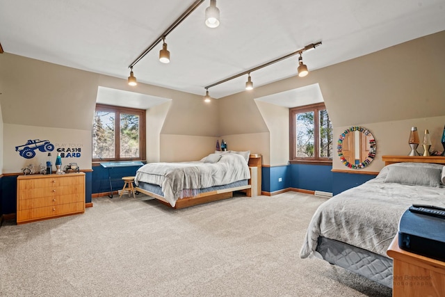 bedroom featuring lofted ceiling, multiple windows, baseboards, and carpet floors