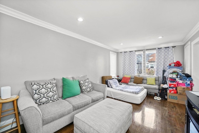 living area with recessed lighting, wood finished floors, and ornamental molding