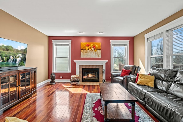 living room with hardwood / wood-style flooring, a fireplace, and baseboards