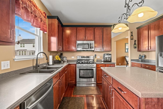 kitchen featuring a sink, stainless steel appliances, and dark wood-style floors