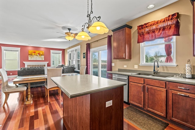 kitchen featuring a sink, a fireplace, dark wood-style flooring, and stainless steel dishwasher