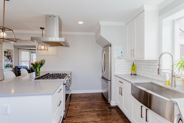 kitchen with crown molding, dark wood finished floors, appliances with stainless steel finishes, island range hood, and a sink