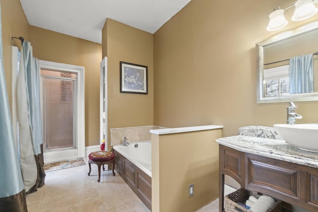 bathroom featuring walk in shower, a bath, vanity, and tile patterned flooring
