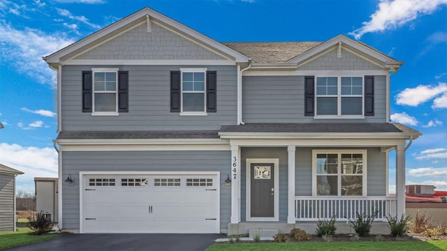 craftsman inspired home featuring aphalt driveway, a garage, covered porch, and a shingled roof