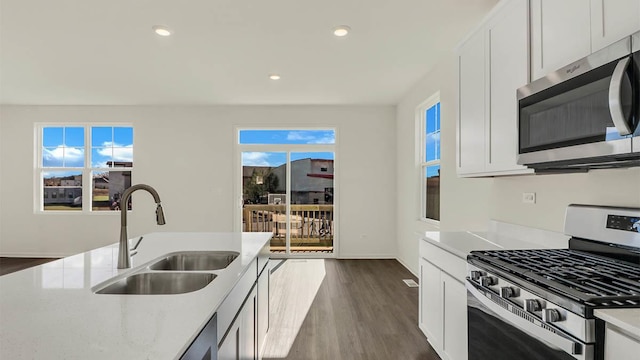 kitchen with a sink, dark wood finished floors, recessed lighting, appliances with stainless steel finishes, and white cabinets