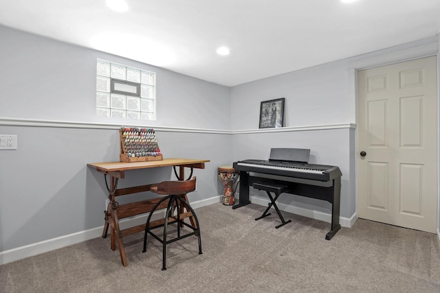 carpeted office featuring recessed lighting and baseboards