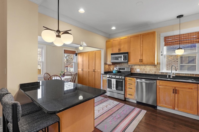 kitchen with a breakfast bar area, dark wood finished floors, a sink, stainless steel appliances, and tasteful backsplash