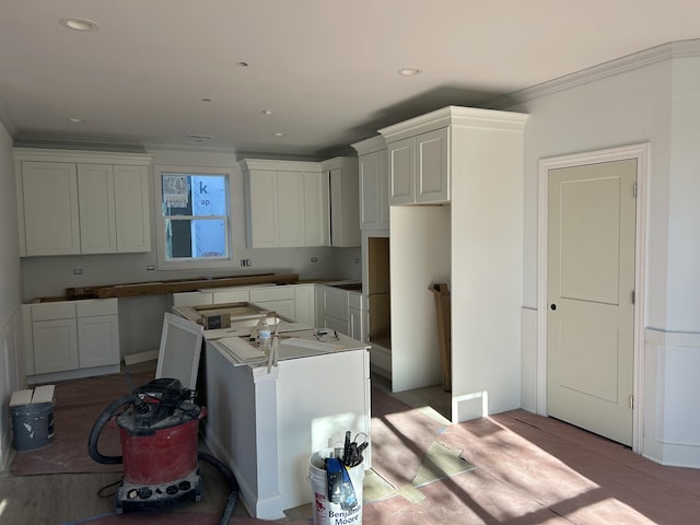 241 N Brockway St, Palatine, IL 60067 - kitchen with a center island, crown molding, white cabinetry, recessed lighting, and light wood-style flooring