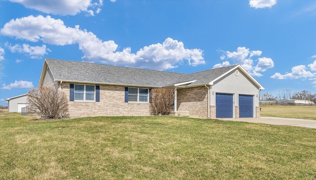 ranch-style house featuring concrete driveway, brick siding, a front lawn, a shingled roof, and a garage