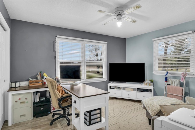office with a wealth of natural light, wood finished floors, and a ceiling fan